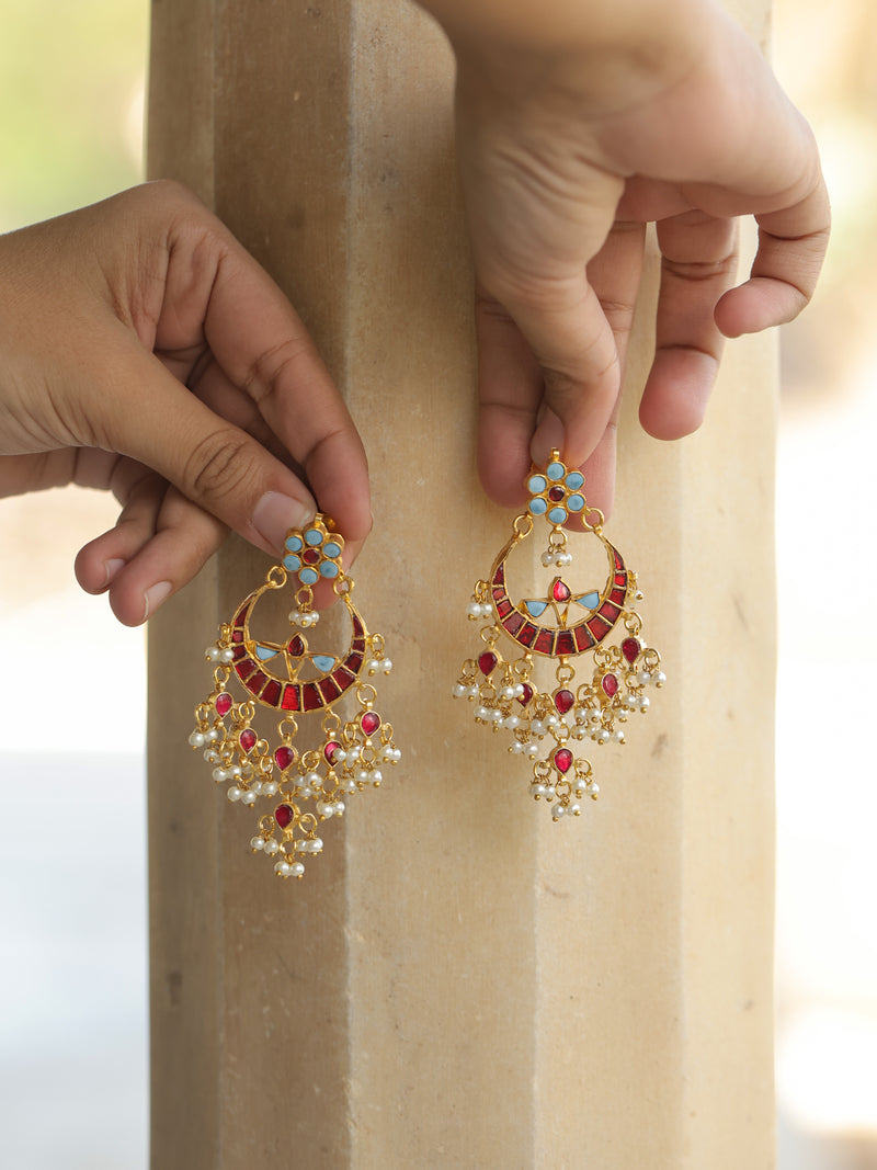 Feroza and Red Colour Gold Plated Jadau Kundan Necklace Set