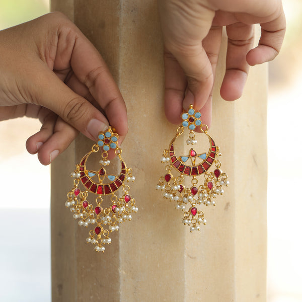 MDN334- Feroza and Red Colour Gold Plated Jadau Kundan Necklace Set