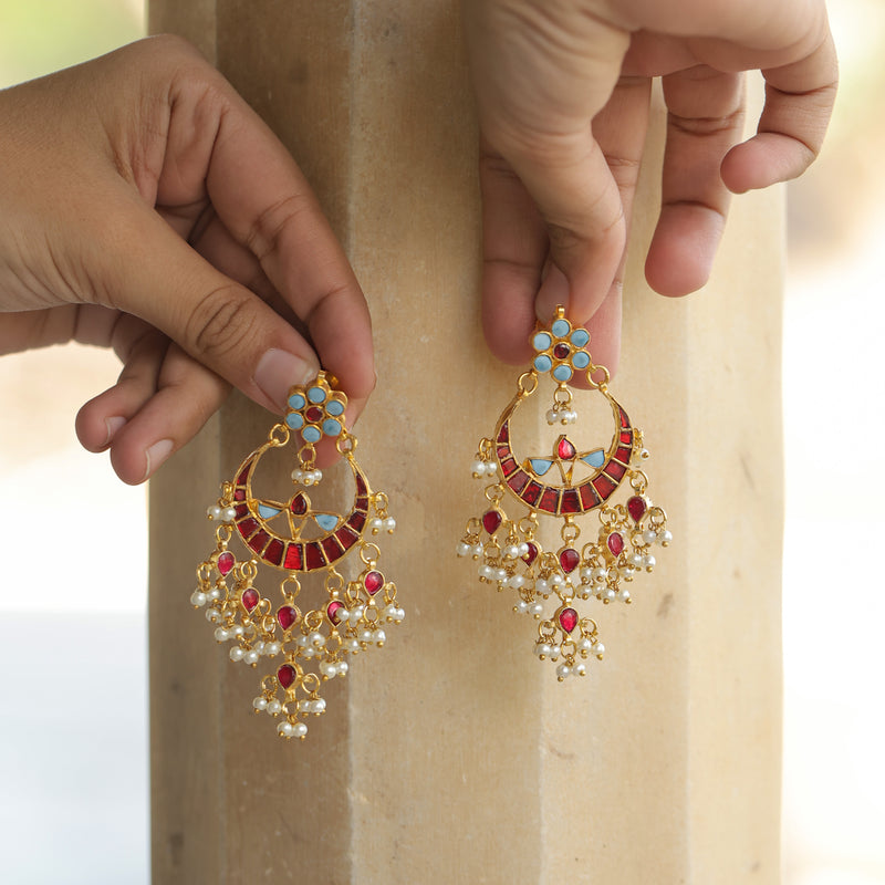 MDN334- Feroza and Red Colour Gold Plated Jadau Kundan Necklace Set
