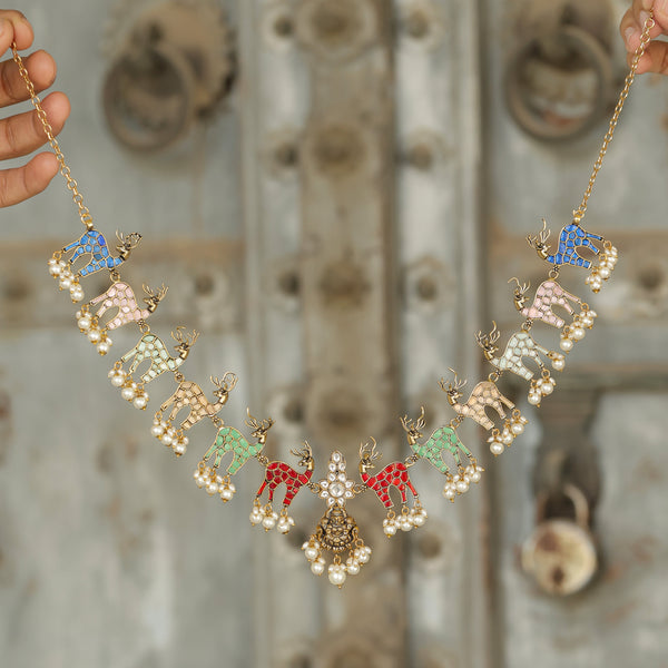 MDN258- Multi Colour Gold Plated Jadau Kundan Temple Necklace Set