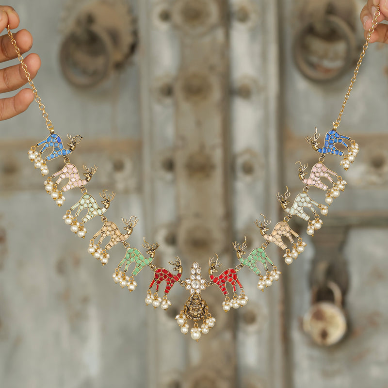 MDN258- Multi Colour Gold Plated Jadau Kundan Temple Necklace Set