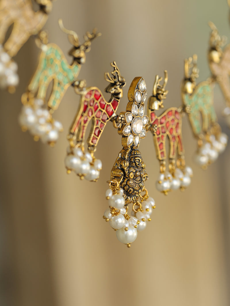 Multi Colour Gold Plated Jadau Kundan Temple Necklace Set