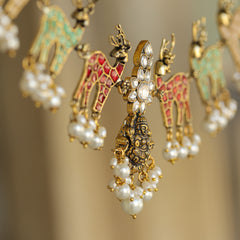 MDN258- Multi Colour Gold Plated Jadau Kundan Temple Necklace Set