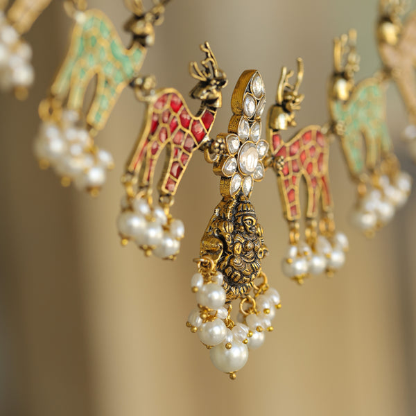 MDN258- Multi Colour Gold Plated Jadau Kundan Temple Necklace Set