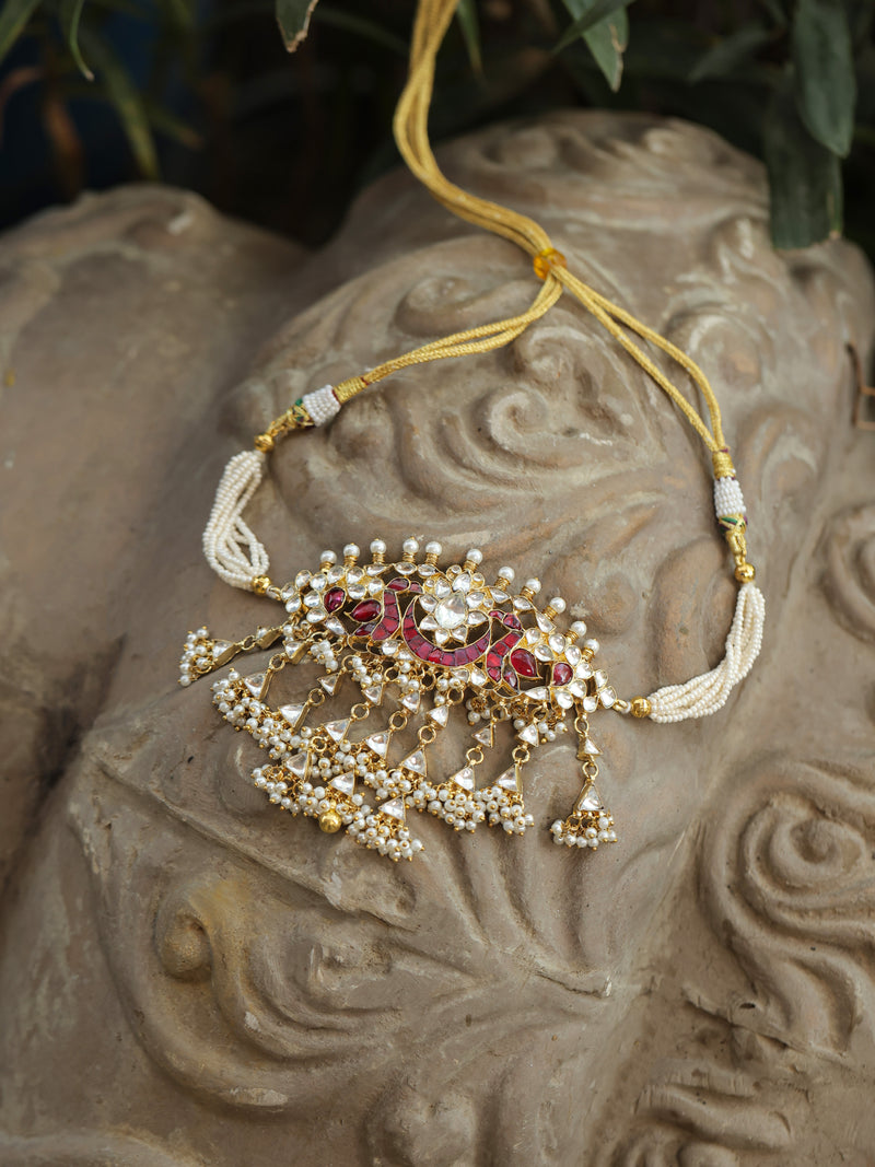 White and Red Colour Gold Plated Jadau Kundan Choker Set