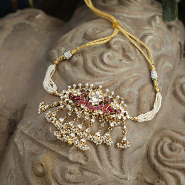 MDN336- White and Red Colour Gold Plated Jadau Kundan Choker Set