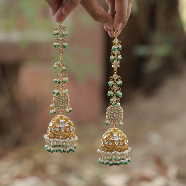 MDE373- White and Green Colour Gold Plated Jadau Kundan Jhumki