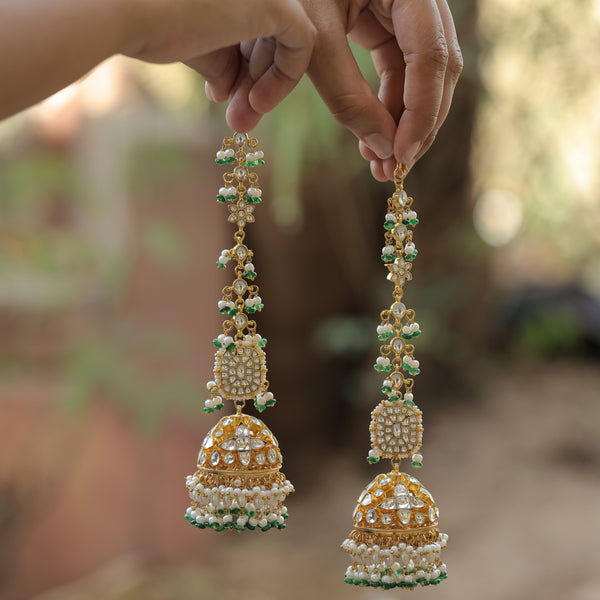 MDE373- White and Green Colour Gold Plated Jadau Kundan Jhumki