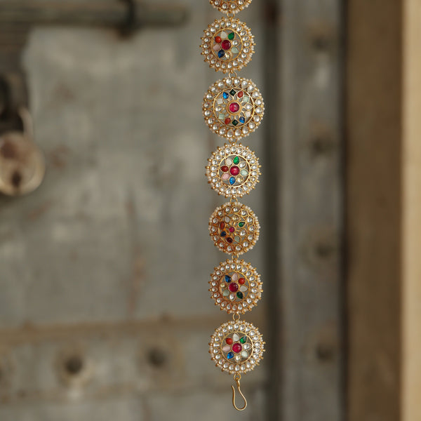 MDH351- Multi Colour Gold Plated Jadau Kundan Headband
