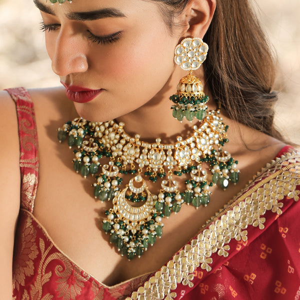 MDN406- White and Green Colour Gold Plated Jadau Kundan Necklace Set