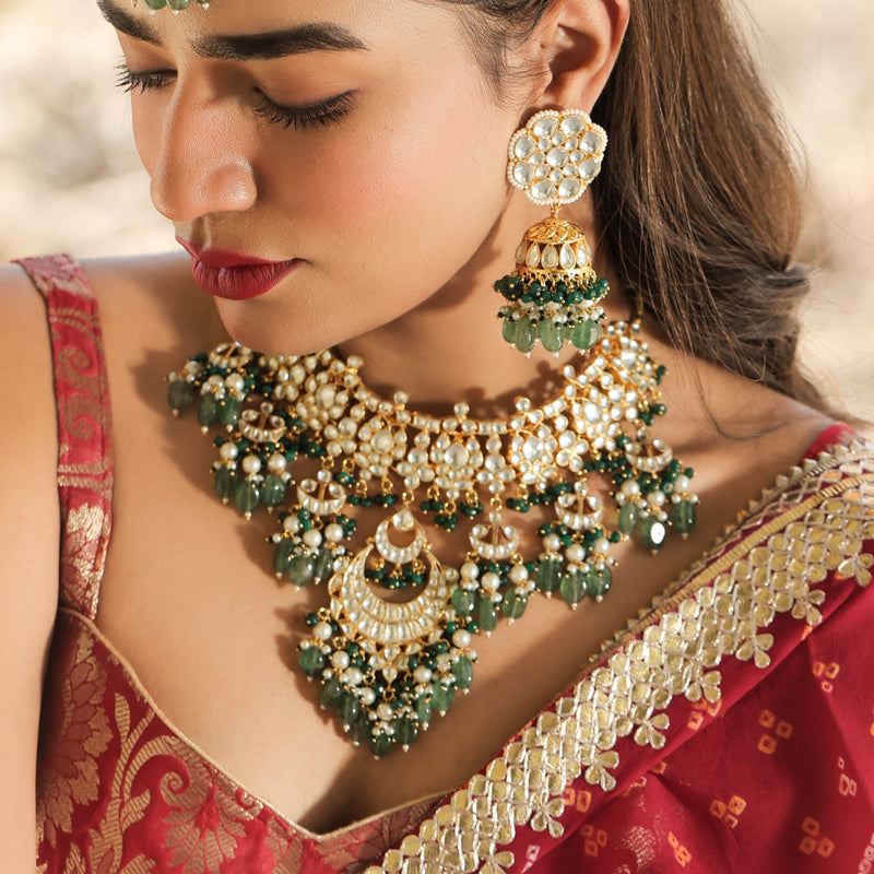 MDN406- White and Green Colour Gold Plated Jadau Kundan Necklace Set