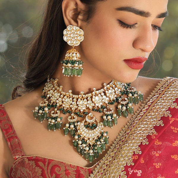 MDN406- White and Green Colour Gold Plated Jadau Kundan Necklace Set