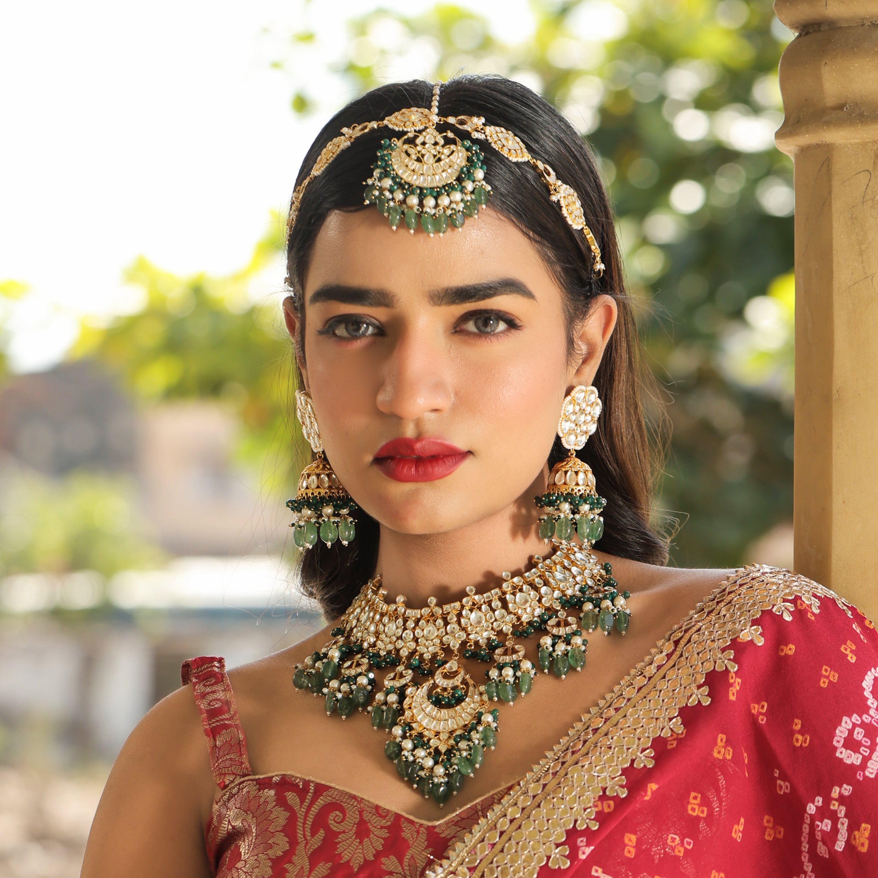 MDN406- White and Green Colour Gold Plated Jadau Kundan Necklace Set
