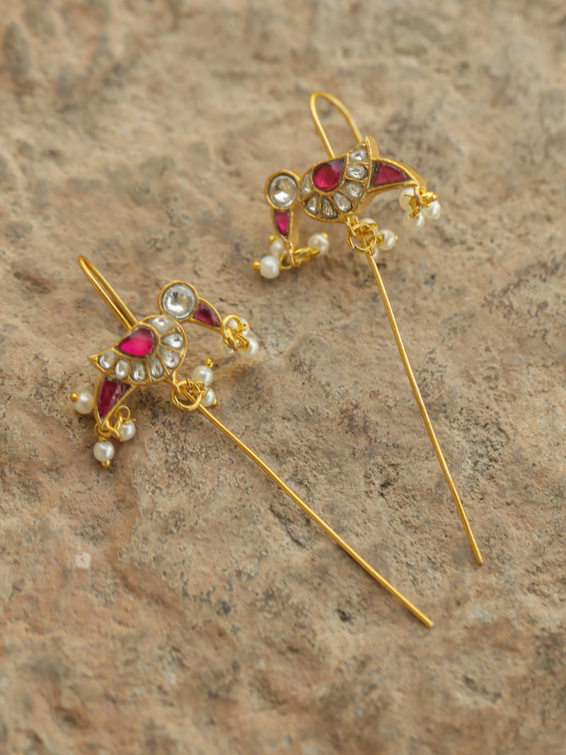 Multi Colour Gold Plated Jadau Kundan Temple Bird Motif Earrings