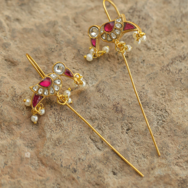 MDE322- Pink and White Colour Gold Plated Jadau Kundan Temple Bird Motif Earrings