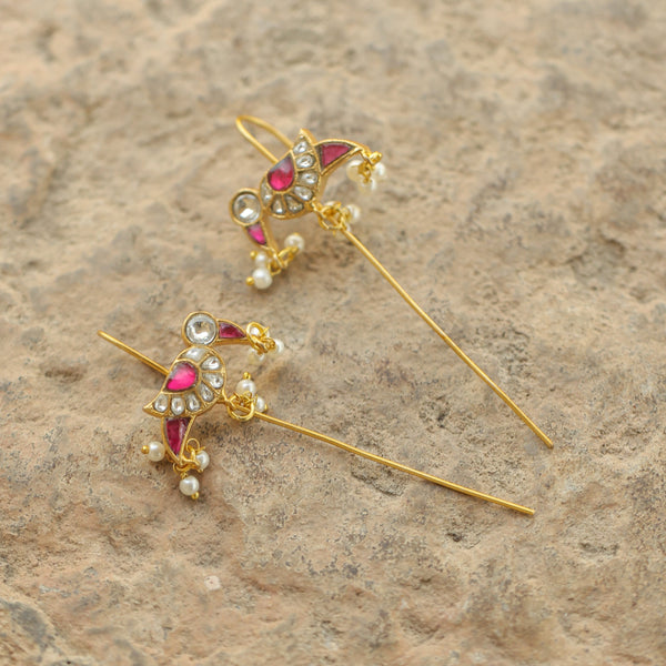 MDE322- Pink and White Colour Gold Plated Jadau Kundan Temple Bird Motif Earrings