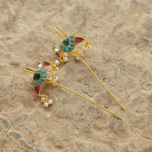 MDE322- Multi Colour Gold Plated Jadau Kundan Temple Bird Motif Earrings