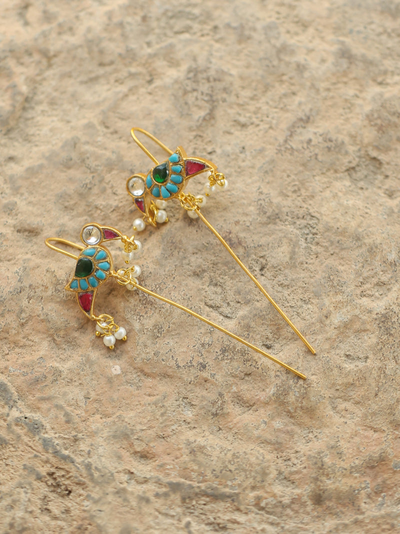 Multi Colour Gold Plated Jadau Kundan Temple Bird Motif Earrings