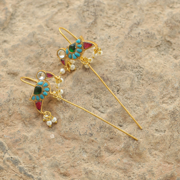 MDE322- Multi Colour Gold Plated Jadau Kundan Temple Bird Motif Earrings
