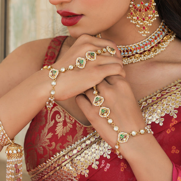 MDHP216- Multi Colour Gold Plated Jadau Kundan Hathphool