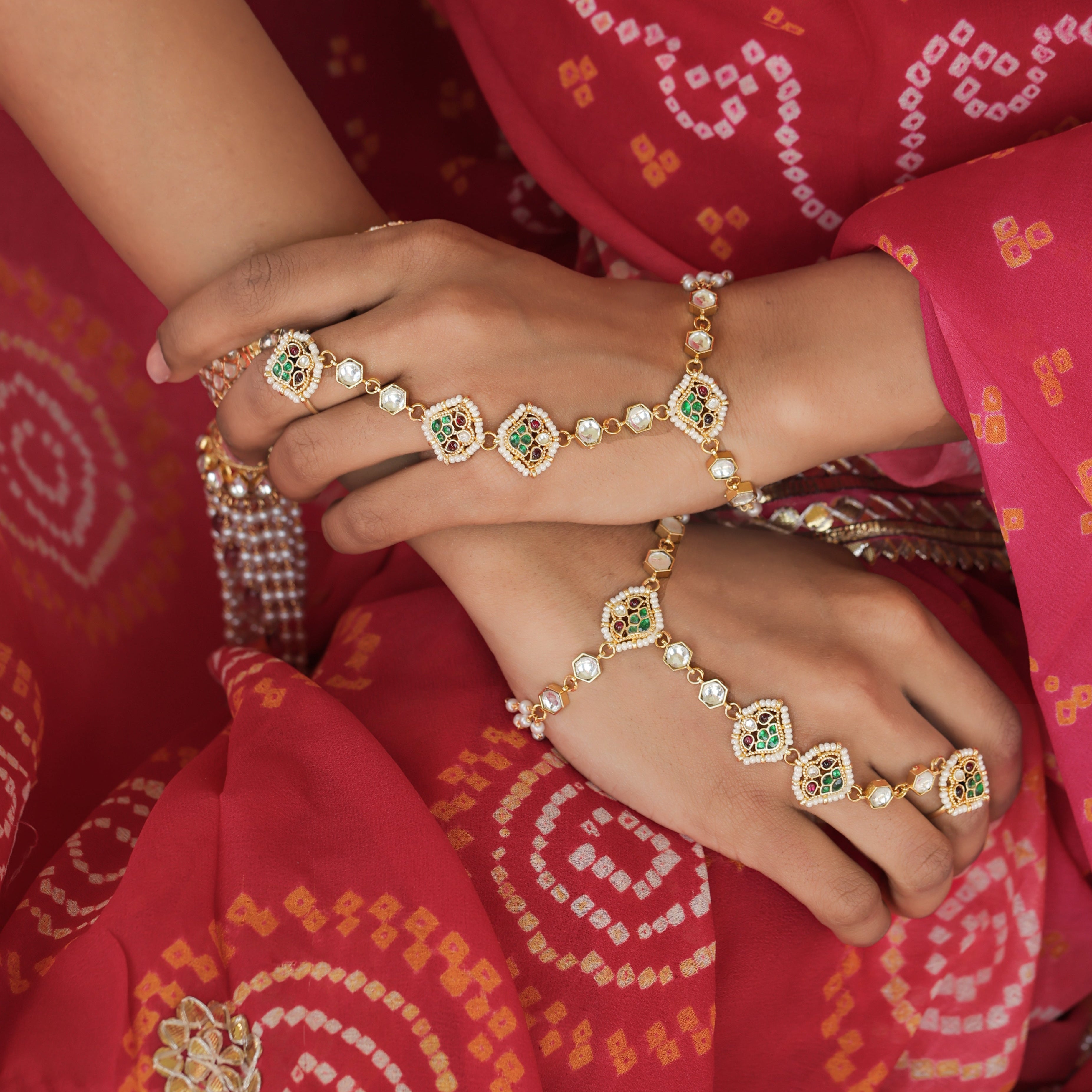 MDHP216- Multi Colour Gold Plated Jadau Kundan Hathphool