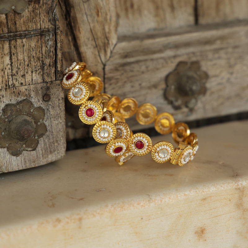 MDB360- Pink and White Colour Gold Plated Jadau Kundan Bangle