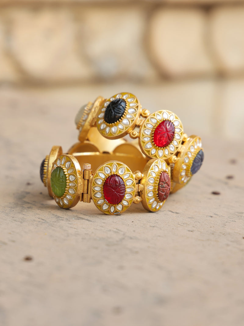 Multi Colour Gold Plated Jadau Kundan Thappa Bangle