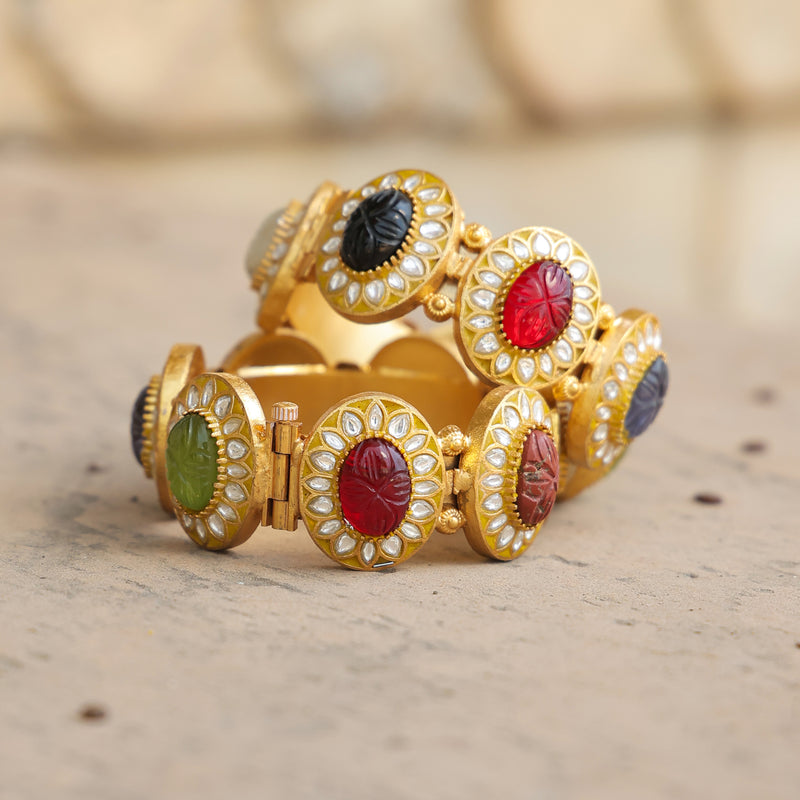 MDB355- Multi Colour Gold Plated Jadau Kundan Thappa Bangle