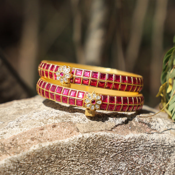 MDB242- Multi Colour Gold Plated Jadau Kundan Temple Bangle