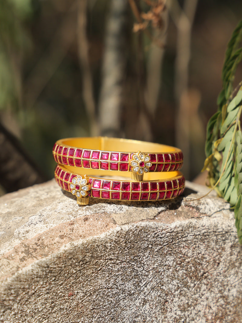 Multi Colour Gold Plated Jadau Kundan Temple Bangle