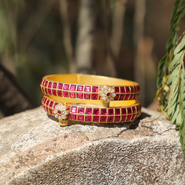 MDB242- White Colour Gold Plated Mother of Pearl Temple Bangle