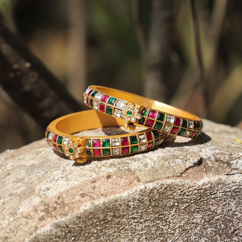 MDB242- White Colour Gold Plated Mother of Pearl Temple Bangle