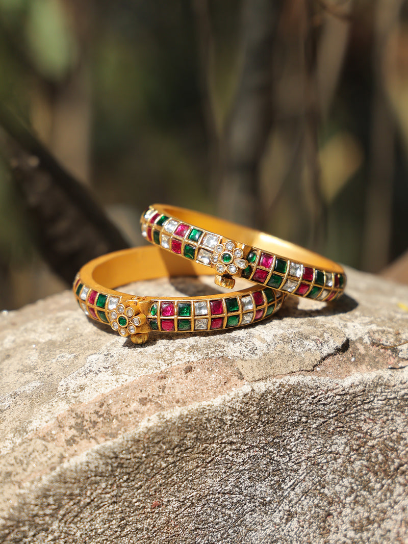 Multi Colour Gold Plated Jadau Kundan Temple Bangle
