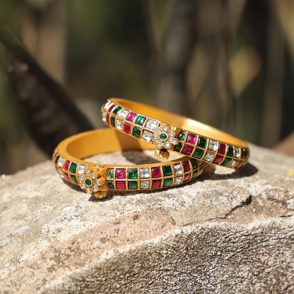 MDB242- Multi Colour Gold Plated Jadau Kundan Temple Bangle