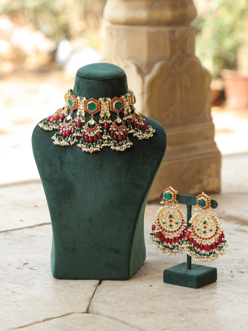 Multi Colour Gold Plated Jadau Kundan Choker Set