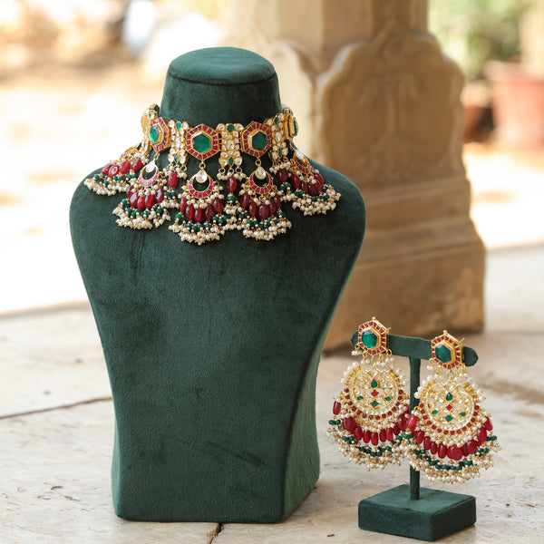 MDN339- Multi Colour Gold Plated Jadau Kundan Choker Set