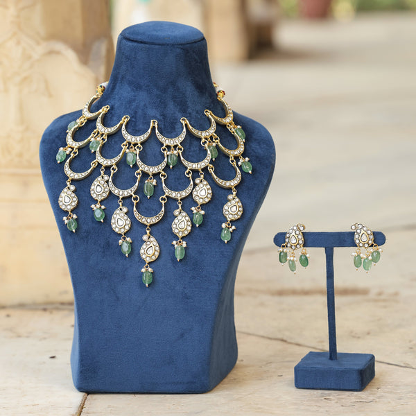 MDN189- White and Mint Colour Gold Plated Jadau Kundan Temple Necklace Set