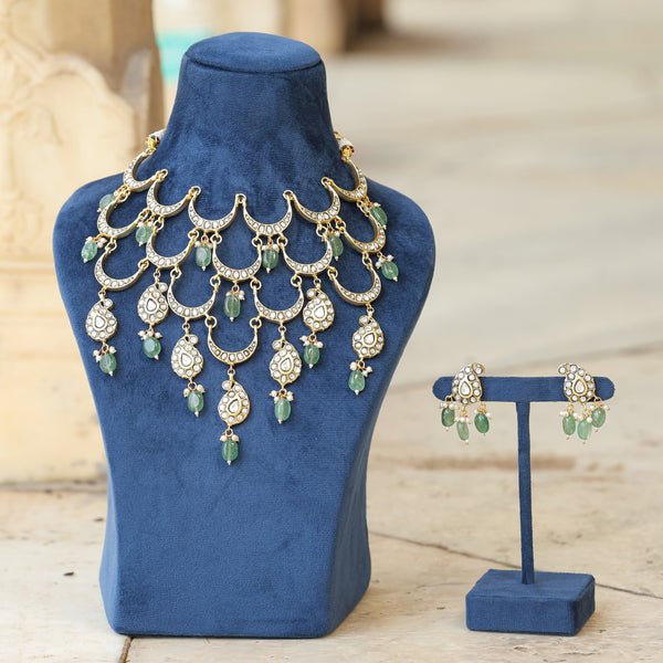 MDN189- White and Mint Colour Gold Plated Jadau Kundan Temple Necklace Set