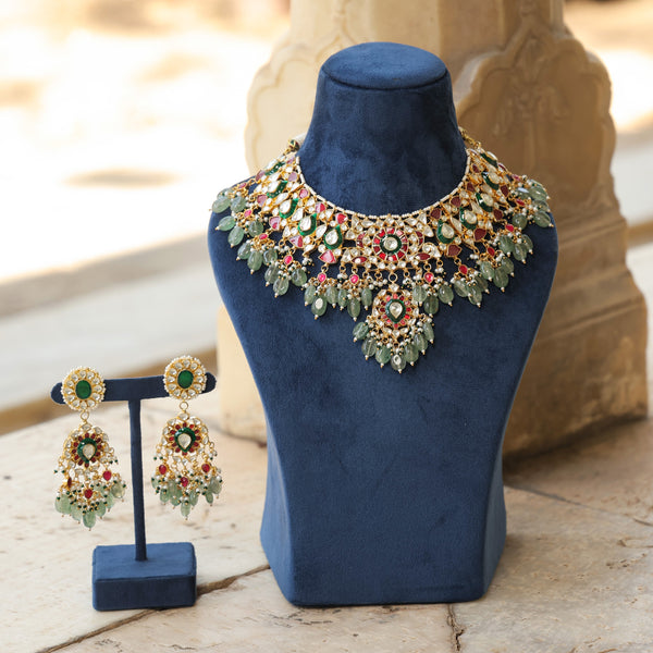 MDN340- Multi Colour Gold Plated Jadau Kundan Necklace Set
