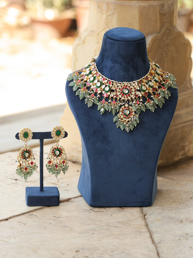Multi Colour Gold Plated Jadau Kundan Necklace Set