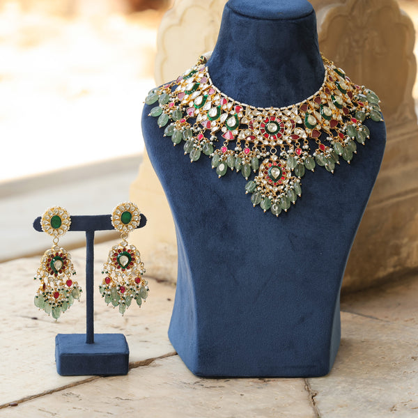 MDN340- Multi Colour Gold Plated Jadau Kundan Necklace Set