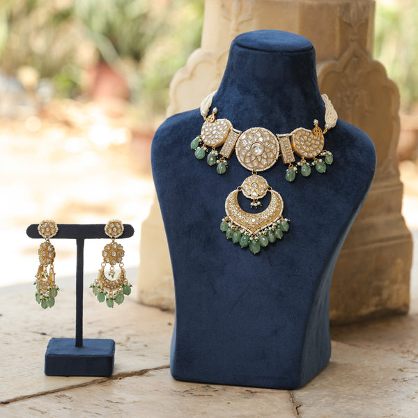 MDN252- White and Mint Colour Gold Plated Jadau Kundan Thappa Choker Set