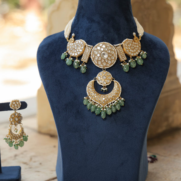 MDN252- White and Mint Colour Gold Plated Jadau Kundan Thappa Choker Set