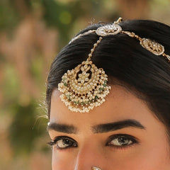 MDT407- White and Green Colour Gold Plated Jadau Kundan Tika