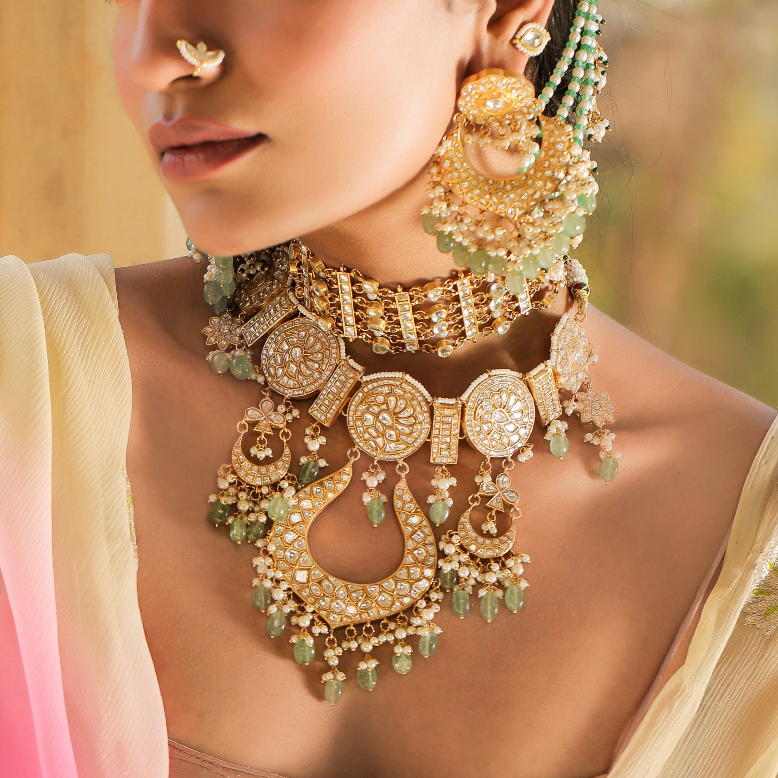 MDN249- White and Mint Colour Gold Plated Jadau Kundan Thappa Necklace Set
