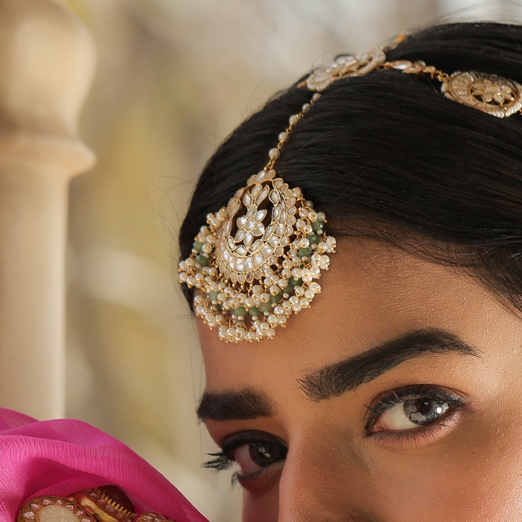 MDT407- White and Green Colour Gold Plated Jadau Kundan Tika