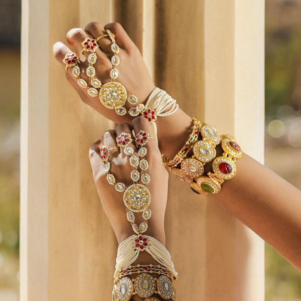 MDHP220- Multi Colour Gold Plated Jadau Kundan Hathphool