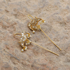 MDE322- White Colour Gold Plated Jadau Kundan Temple Bird Motif Earrings