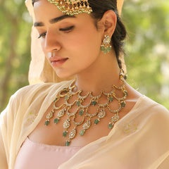 MDN189- White and Mint Colour Gold Plated Jadau Kundan Temple Necklace Set