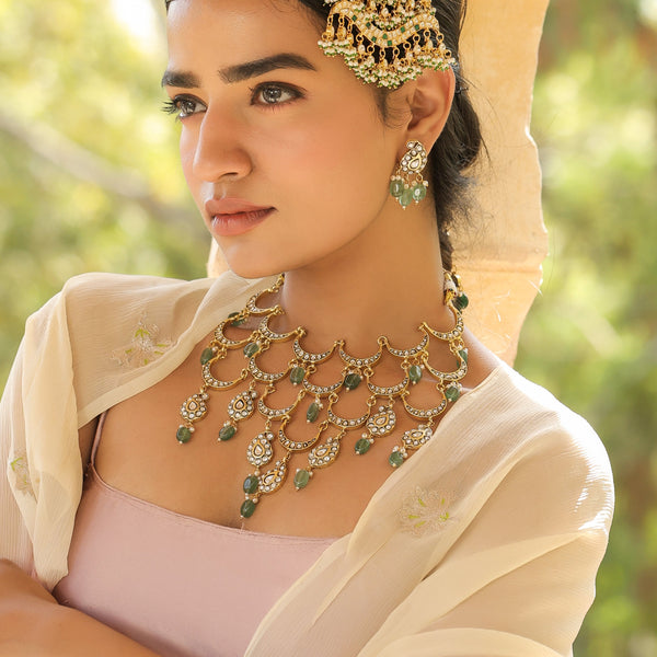 MDN189- White and Mint Colour Gold Plated Jadau Kundan Temple Necklace Set